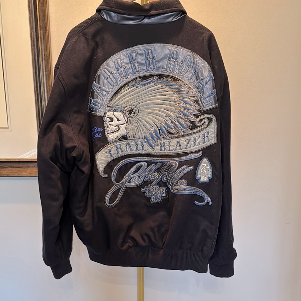 Pelle Pelle Black Bomber Jacket with Blue Embroidery